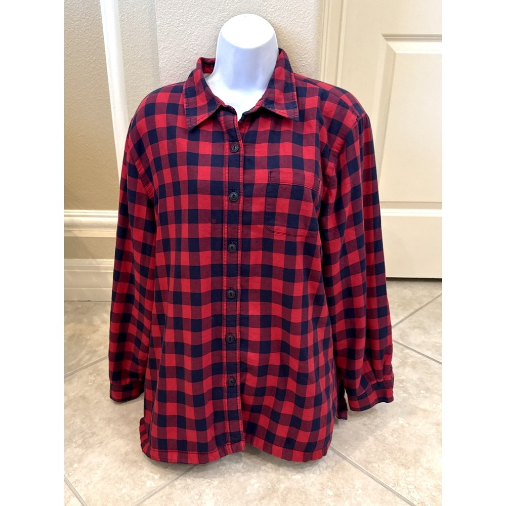 LL BEAN Shirt Womens L Fleece Sherpa Lined Flannel Plaid Jacket Red Blue Shacket